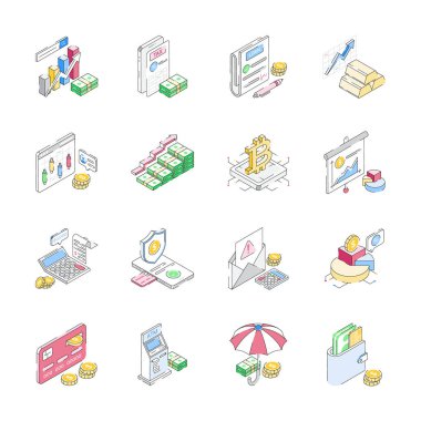 İzometrik tarzda finans ve ekonomi simgelerini düzenlemek kolay