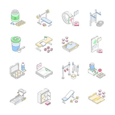 Spor salonlarını ve spor aksesuarlarını gösteren inanılmaz izometrik koleksiyonu yakala