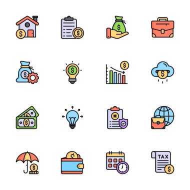 Finans ve ticaret simgelerini tasvir eden bu inanılmaz düz ana hatlı koleksiyonu yakalayın