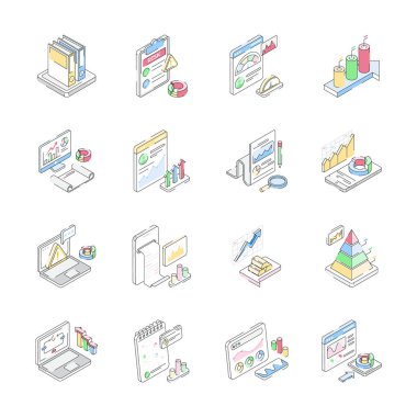 İş planlama simgelerinin izometrik koleksiyonunu al, düzenlenmesi kolay