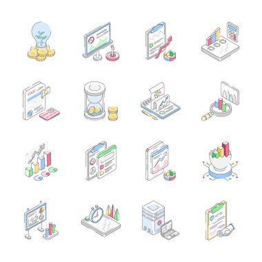 İş hizmetlerini tasvir eden izometrik simgelerin modern koleksiyonu