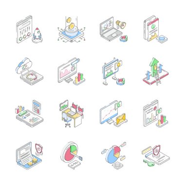 İş analiz izometrik dış hat simgelerinin kullanışlı koleksiyonu