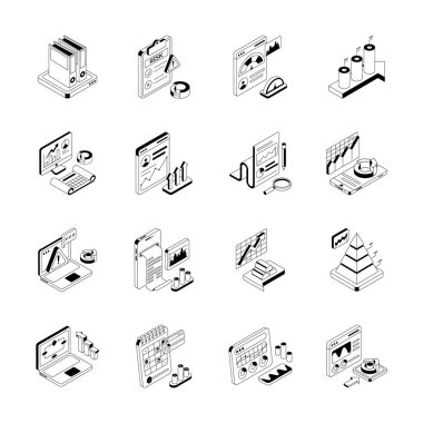 İş planlama simgelerinin izometrik koleksiyonunu al, düzenlenmesi kolay