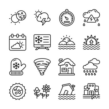 Bir dizi vektör simgesi çeşitli hava koşullarını ve doğal afetleri betimler