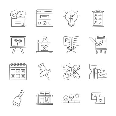 Bu el çizimi çalışma paketini ve okul malzemeleri ikonlarını alın.