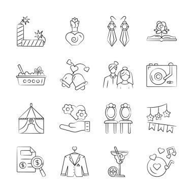 Düğün merasimi el çizimi simgelerinin özel koleksiyonuna bak.