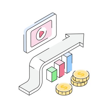 Ödenmiş içerik stratejisini gösteren modern bir izometrik simge