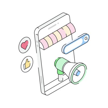 Medya reklamcılığı yaklaşımının büyüleyici bir izometrik simgesi