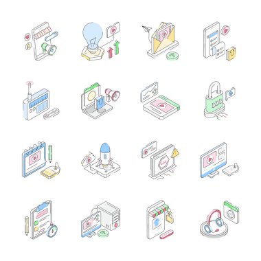 Dijital reklam kavramlarını tasvir eden izometrik dış hat simgelerinin kullanışlı demeti