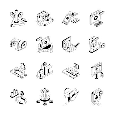 Dijital pazarlama izometrik simgelerini gösteren son kümeye bakın