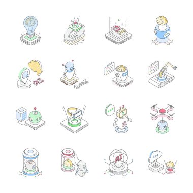 İyi hazırlanmış, izometrik ai ve robotik simgeleri gösteren el yapımı bir paket.