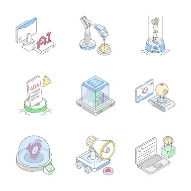 Tasarımı kolay, bu modern akıllı teknoloji izometrik simgeleri kapın