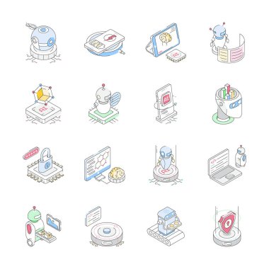 Gelecekteki teknolojinin kullanışlı izometrik dış hat simgeleri