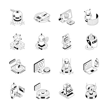 Gelecekteki teknolojinin kullanışlı izometrik dış hat simgeleri