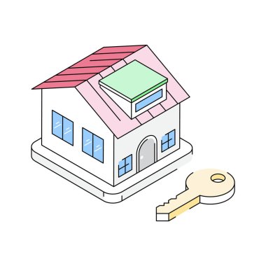 Ev sahipliğinin büyüleyici bir izometrik taslak simgesi