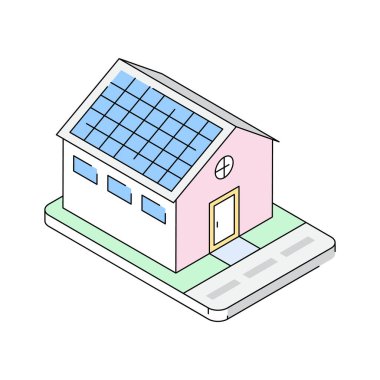 Güneş enerjisiyle çalışan evi temsil eden büyüleyici bir izometrik simge