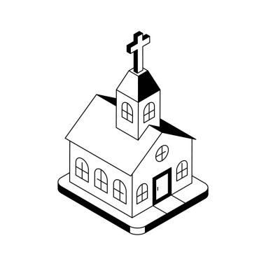 Geleneksel bir kilise binasını gösteren izometrik bir simge