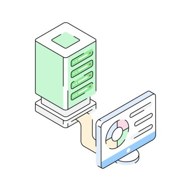 Sunucu bilgisayar kurulumunu gösteren izometrik simgeye bakın