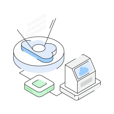 Şık bir izometrik ikon, bulut teknolojisi gelişimi gösteriyor.