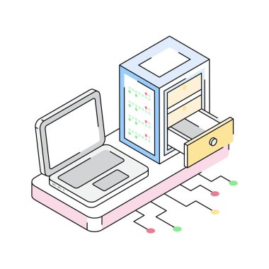 Laptop sunucu arayüzünün iyi tasarlanmış izometrik simgesi