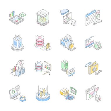 Veri teknolojisi kavramlarını gösteren izometrik simgelerin birinci sınıf demeti