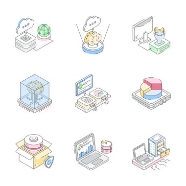 Veri depolama kavramlarını gösteren izometrik simgelerin son koleksiyonunu yakala