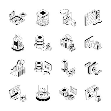 Veri teknolojisi kavramlarını gösteren izometrik simgelerin birinci sınıf demeti