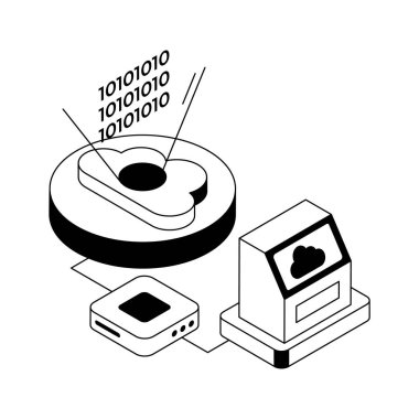 Şık bir izometrik ikon, bulut teknolojisi gelişimi gösteriyor.