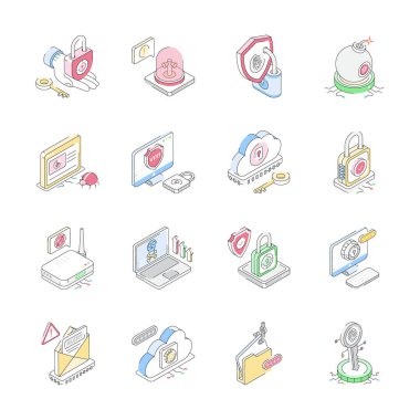 Siber koruma kavramlarını tasvir eden izometrik ana hat simgelerinin kullanışlı demeti