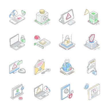 Siber güvenlik simgelerini gösteren premium izometrik taslak koleksiyonu indir