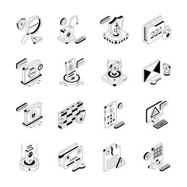 Siber güvenlik ve saldırı izometrik simgelerini gösteren görsel temas seti