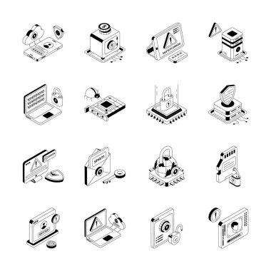 Siber güvenlik simgelerini gösteren premium izometrik taslak koleksiyonu indir