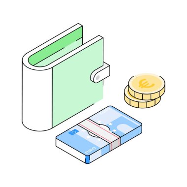 Cüzdanın birinci sınıf izometrik taslak simgesi