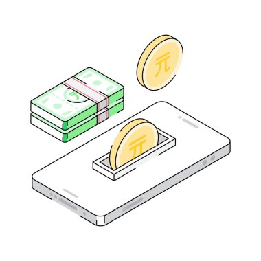 Mobil ödeme sistemini gösteren büyüleyici bir izometrik simge