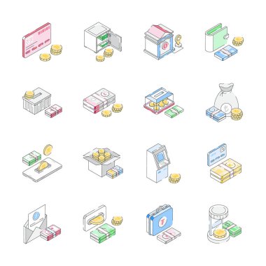 Finans ve para izometrik simgelerini gösteren bu premium koleksiyonunu al