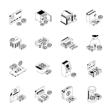 Finans ve para izometrik simgelerini gösteren bu premium koleksiyonunu al