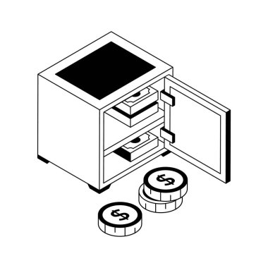 İyi hazırlanmış izometrik bir ikon para dolu güvenli kasayı gösteriyor