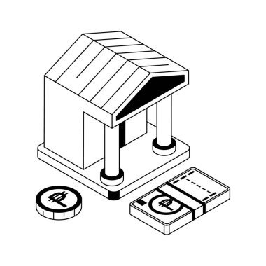 Ticari banka binasını temsil eden modern bir izometrik simge