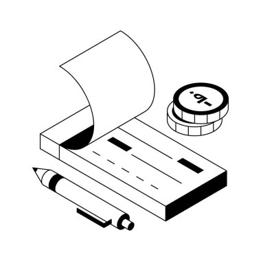 Çek ödeme kağıdının izometrik simgesi görsel olarak bağlanıyor