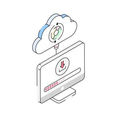 Bulut indirmenin görsel olarak çekici izometrik dış hat simgesi