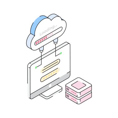 Bulut yüklemesini gösteren izometrik taslak simgesi