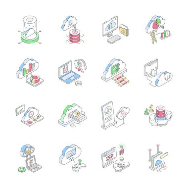 Bulut servislerinin izometrik simgelerini gösteren premium koleksiyonuna bak