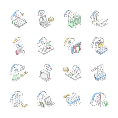 Kullanışlı bulut depolama izometrik simgelerini kap, tasarımı kolay