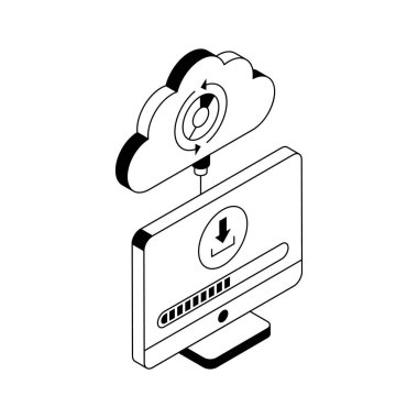 Bulut indirmenin görsel olarak çekici izometrik dış hat simgesi