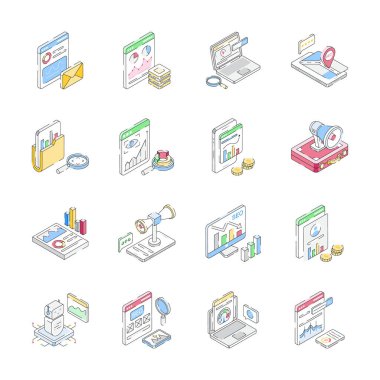 Seo ve reklam kavramlarını gösteren izometrik simgelerin premium destesine bakın