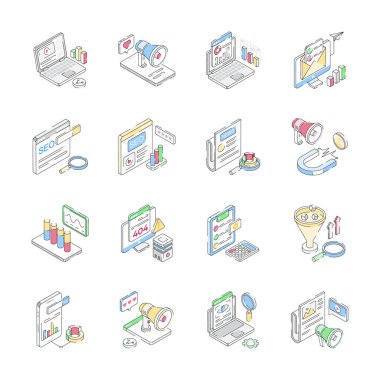 İzometrik biçimdeki kullanışlı seo servisi ve tanıtım simgesi