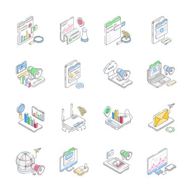 Seo ve promosyon kavramlarını gösteren modern izometrik simgeleri yakala