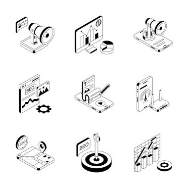 Seo ve pazarlama izometrik simgelerinin bu modaya uygun koleksiyonunu alın