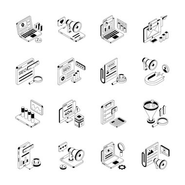 İzometrik biçimdeki kullanışlı seo servisi ve tanıtım simgesi