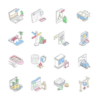 Tatil ve seyahat kavramlarını gösteren izometrik simgelere bak